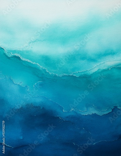 Abstract watercolor painting of serene ocean waves in shades of blue. photo