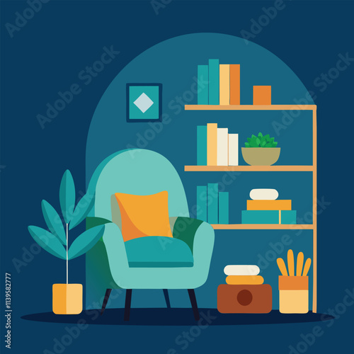 Modern vector illustration of a living room interior design with furniture and a bookshelf