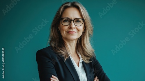 Confident middle-aged woman in business attire, arms crossed, smiling.