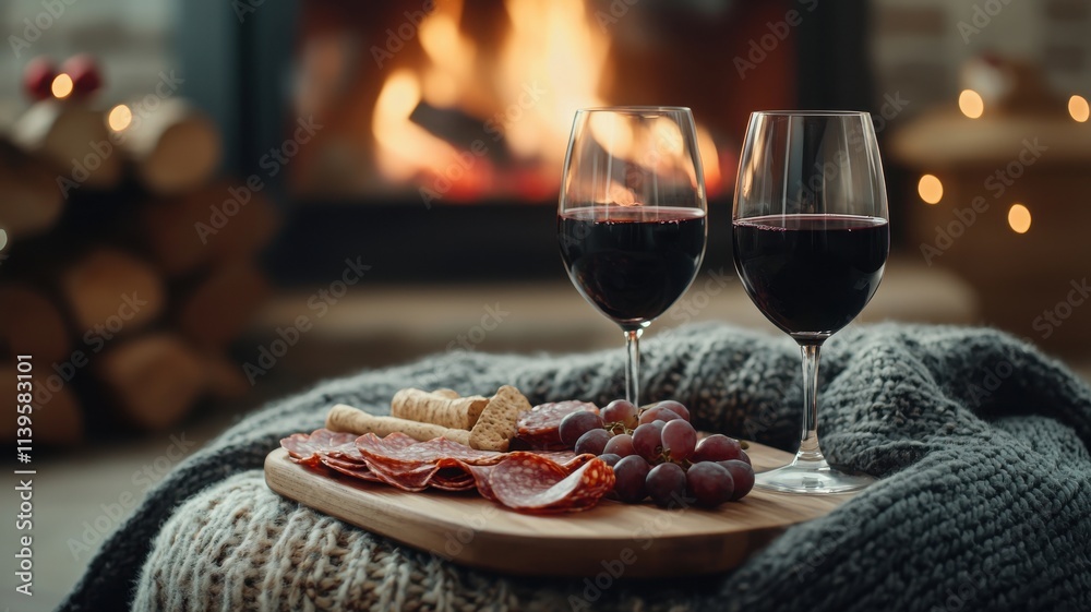 A cozy setting featuring two glasses of red wine, a charcuterie board, and a warm fireplace, perfect for a relaxed evening. A cozy setting featuring two glasses of red wine, a charcuterie board, and a warm fireplace, perfect for a relaxed evening.