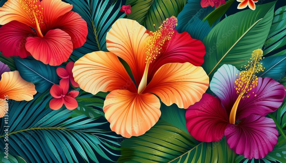 Vibrant hibiscus flowers and lush tropical foliage in a vivid digital artwork. Vibrant hibiscus flowers and lush tropical foliage in a vivid digital artwork.