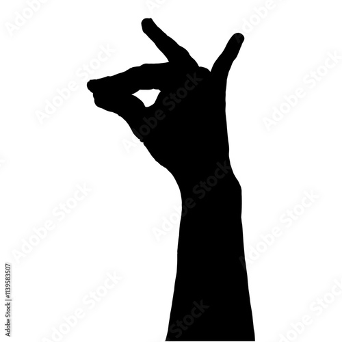 Black silhouette of a human hand making an OK gesture on a white background.
