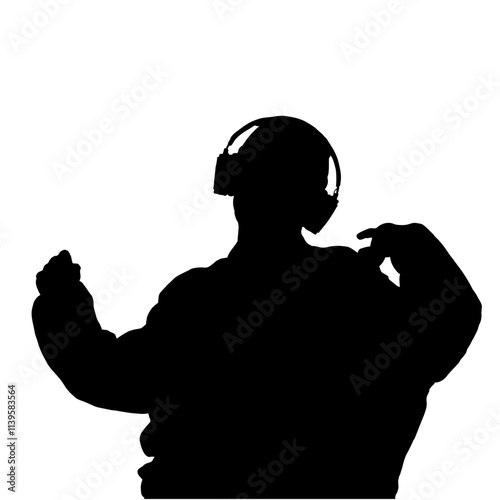 Silhouette of a person wearing headphones, appearing to dance with expressive arm movements against a white background.