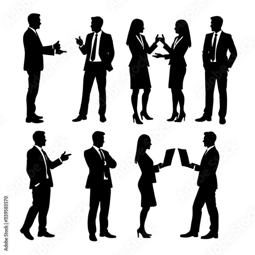 Silhouettes of professional men and women in business attire engaged in discussions and presentations.