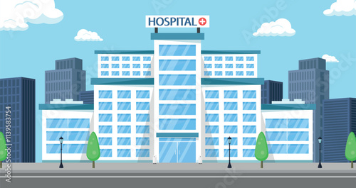 Hospital building against the background of a business center. Medical center, clinic.