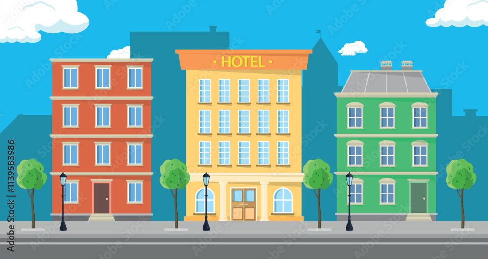 Hotel building with city buildings in the city center. Tourism and travel concept. Hotel building with city buildings in the city center. Tourism and travel concept.