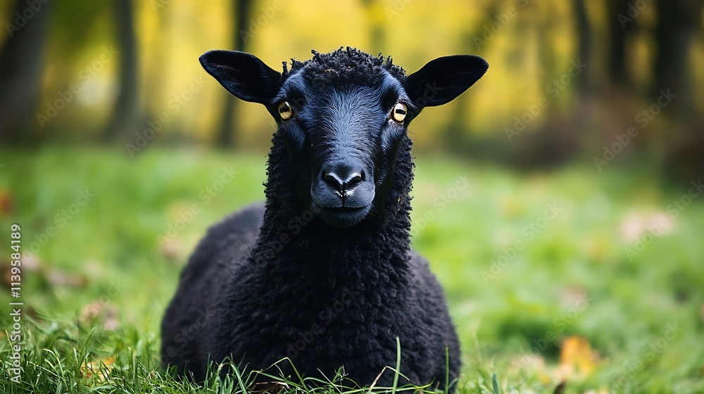Black Sheep in a Meadow. Concept of Solitude and Nature. Black Sheep in a Meadow. Concept of Solitude and Nature.