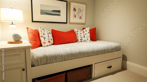 A guest room with a daybed that can be converted into a double bed and storage underneath photo