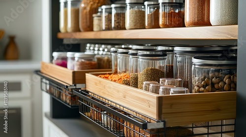 A kitchen pantry with pull-out wire baskets and labeled jars for an organized look