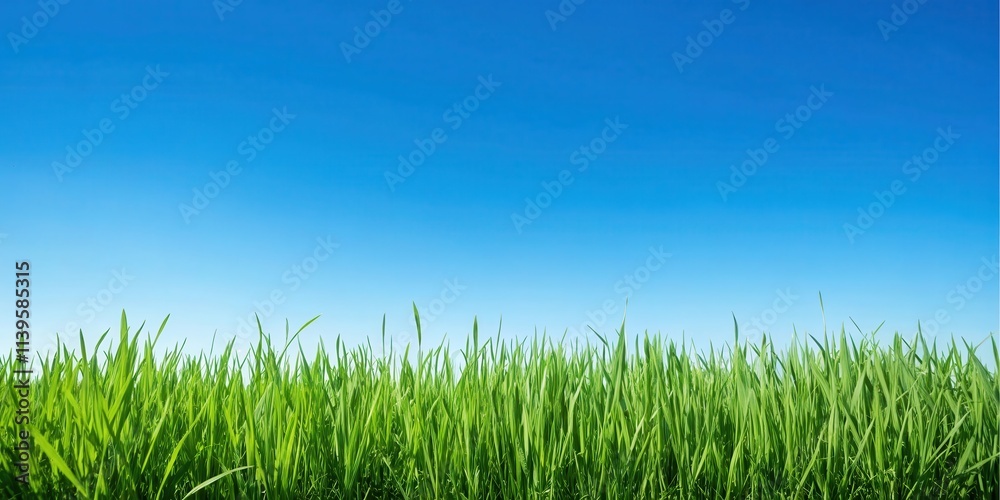 Vibrant Green Grass Blades Against a Clear Blue Sky Panorama Vibrant Green Grass Blades Against a Clear Blue Sky Panorama