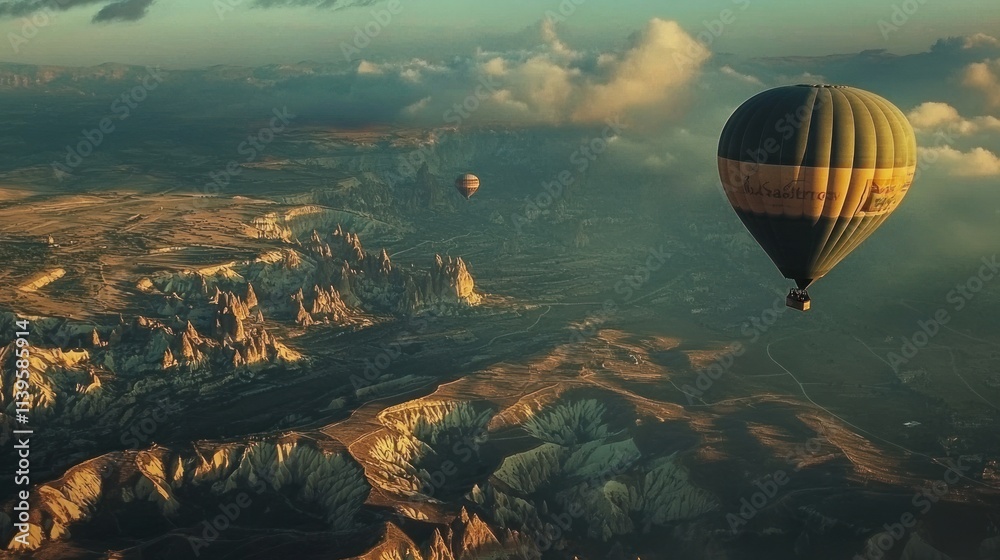Obraz premium Aerial view of colorful hot air balloons floating over a scenic landscape at sunset.