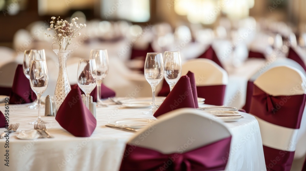 Elegant banquet table setting with burgundy accents. Elegant banquet table setting with burgundy accents.