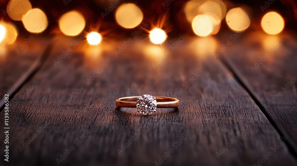 A beautiful diamond ring rests on a wooden surface, illuminated by soft, glowing lights in the background, creating a romantic and festive atmosphere. A beautiful diamond ring rests on a wooden surface, illuminated by soft, glowing lights in the background, creating a romantic and festive atmosphere.