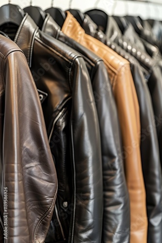 Assorted Leather Jackets on Hangers	 photo