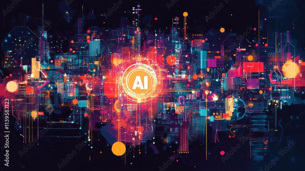 An abstract illustration of a digital cityscape with technological structures, circuits, and the text An abstract illustration of a digital cityscape with technological structures, circuits, and the text