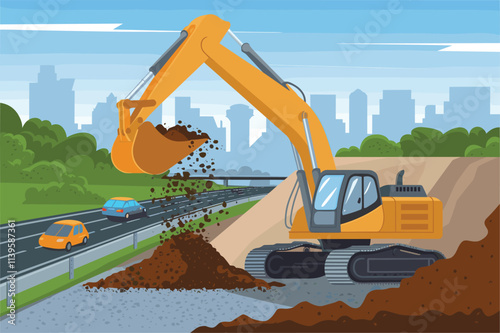 Excavator Digging Soil Near Highway with City Skyline in Background