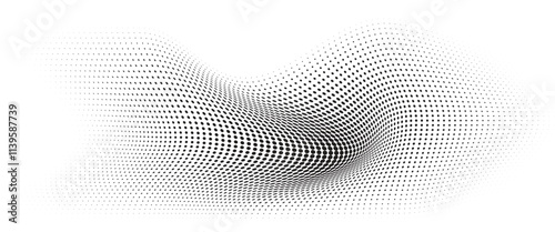 Flowing Wave Dot Halftone Pattern: Curve Gradient Shape on Transparent Background. Suitable for AI, Tech, Network, Digital, Science, and Technology Themes.