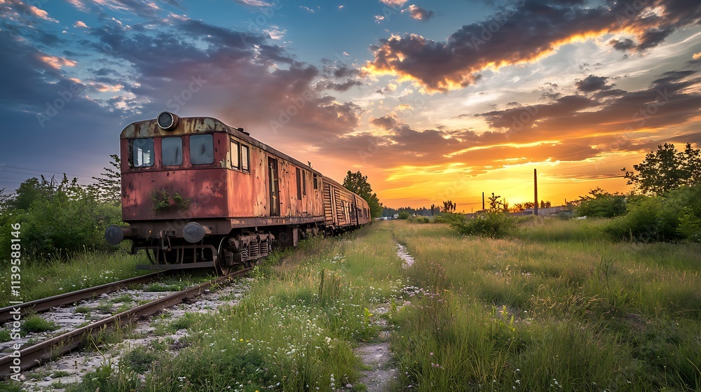 Rusty Train at Sunset in Abandoned Railway Yard. Concept of History, Transportation, and Industrial Heritage. Rusty Train at Sunset in Abandoned Railway Yard. Concept of History, Transportation, and Industrial Heritage.