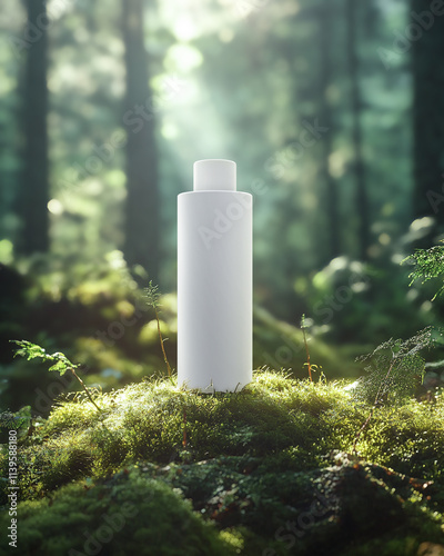 Tall cosmetic bottle with small plastic cap stands in forest. Mockup of white matte packaging with atmospheric light. Commercial presentation of eco product with natural ingredients