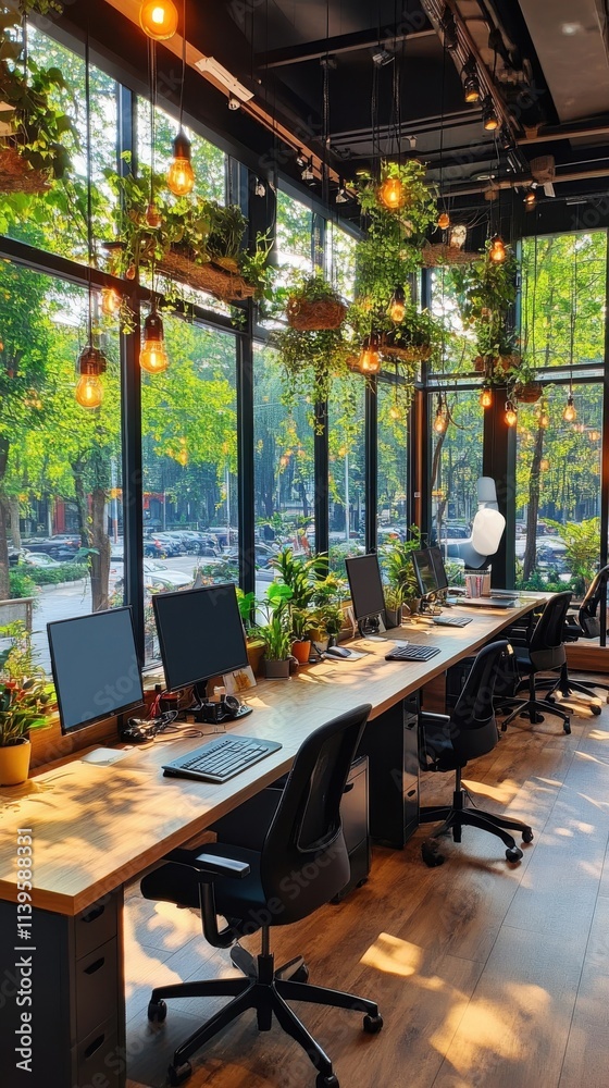 Fototapeta premium Bright and Airy Office Space with Natural Light and Greenery, Showcasing a Modern Workspace Design with Large Windows and Hanging Plants