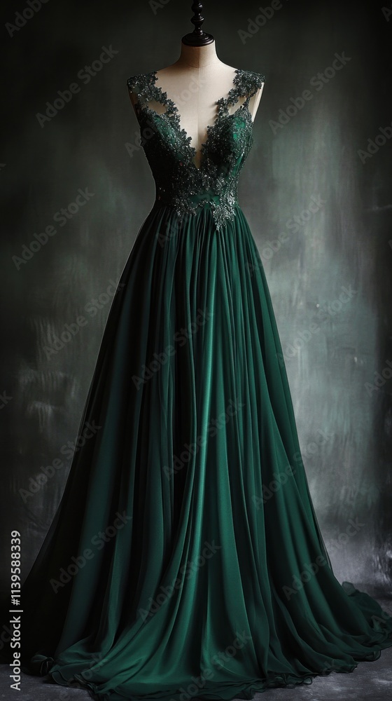 An elegant evening dress in deep emerald green, with a flowing chiffon skirt and a delicate lace bodice, illuminated by gentle lighting. An elegant evening dress in deep emerald green, with a flowing chiffon skirt and a delicate lace bodice, illuminated by gentle lighting.
