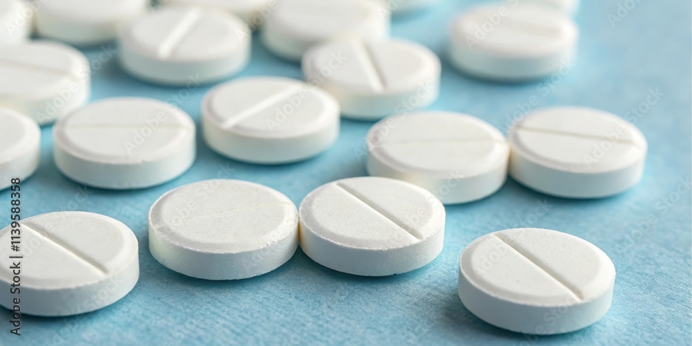 A Close-Up View of Multiple White Tablets on a Light Blue Surface A Close-Up View of Multiple White Tablets on a Light Blue Surface