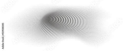 Flowing Wave Dot Halftone Pattern: Curve Gradient Shape on Transparent Background. Suitable for AI, Tech, Network, Digital, Science, and Technology Themes.