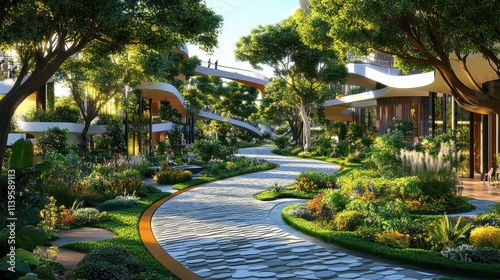 Lush Pathway Through Modern Urban Oasis Featuring Vibrant Greenery, Curved Walkways, and Serene Landscape Design in a Sunlit Environment