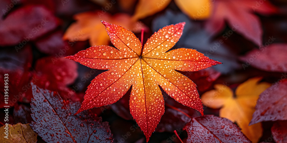 A vibrant close-up showcasing a single maple leaf glistening with dew A vibrant close-up showcasing a single maple leaf glistening with dew