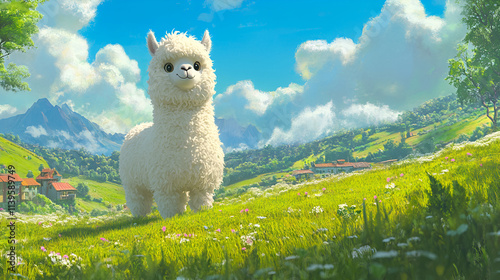 white spotted Llama in a green field on a farm,Llama in a meadow of flowers,like quality of the scene, while the colorization and realistic depiction of light add depth 