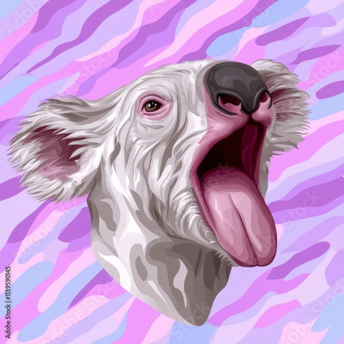 Albino koala head with open mouth and tongue, vibrant purple background. photo