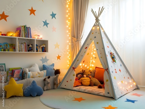 星柄のティピーテントと照明が彩る子供部屋の遊びスペース | Cozy Kids' Playroom with Starry Teepee Tent and Soft Toys