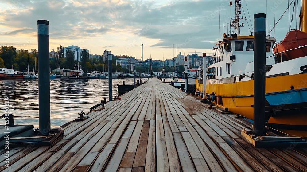 Naklejka premium Wooden Pier Leading to Cityscape at Sunset. Concept of Travel, Exploration, and Urban Waterfront.