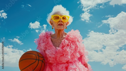 An elderly woman with white hair, wearing yellow glasses and a pink frilly dress  photo