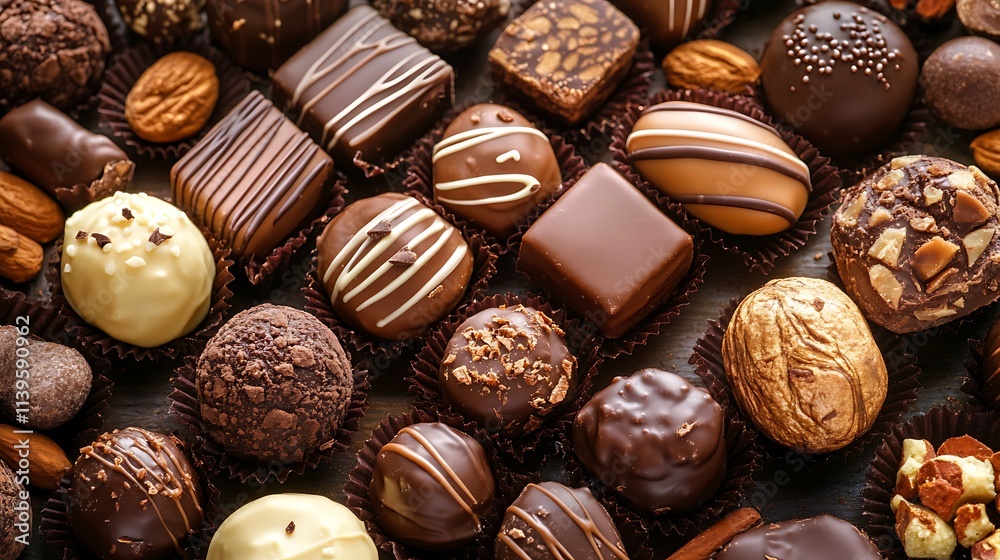 Assortment of gourmet chocolates. Concept of deliciousness, indulgence, and sweet treats. Assortment of gourmet chocolates. Concept of deliciousness, indulgence, and sweet treats.