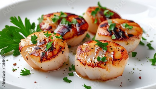 Wallpaper Mural Grilled Plump Scallops Garnished with Fresh Herbs on a Elegant White Plate Torontodigital.ca