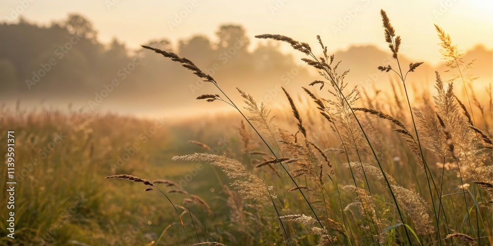Obraz premium Golden Hour Meadow Tall grasses illuminated by the soft light of dawn, a serene landscape bathed in warm hues.