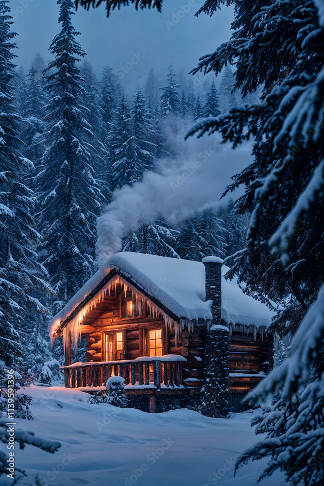 Fototapeta premium cozy winter vacation cabin in the snow with snowy landscape