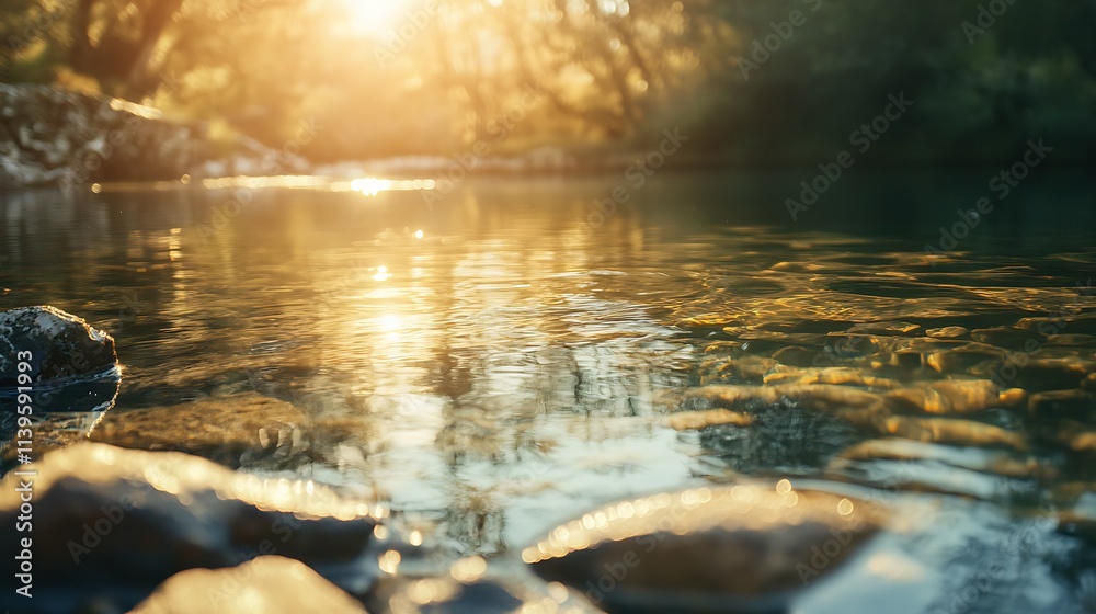 Golden Sunlight on a Forest Stream. Tranquil Nature Scene.