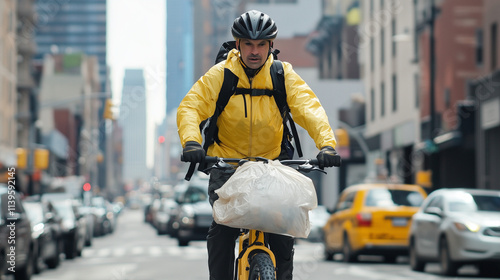 Delivery on Two Wheels: A determined delivery cyclist rides through a busy city street, showcasing the everyday hustle of urban life. 