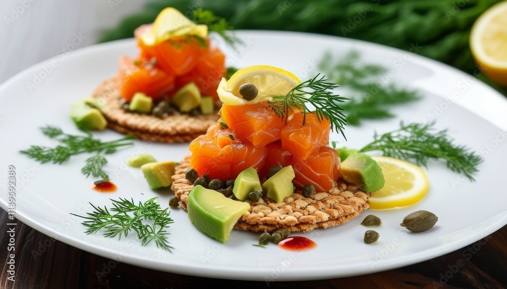 Fresh Salmon Tartare on Crisp Rounds with Avocado and Lemon Garnish Fresh Salmon Tartare on Crisp Rounds with Avocado and Lemon Garnish