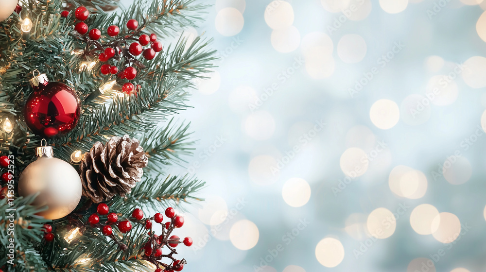 Festive Christmas Tree Branch: A close-up of a decorated Christmas tree branch with red baubles, pinecones, and twinkling lights against a soft blue background. Festive Christmas Tree Branch: A close-up of a decorated Christmas tree branch with red baubles, pinecones, and twinkling lights against a soft blue background.