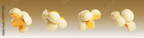Realistic popcorn kernels - fully expanded fluffy snack. White colored pieces with yellow internal parts. Cartoon 3d vector illustration set of flying sweet or salt snack for cinema entertainment.