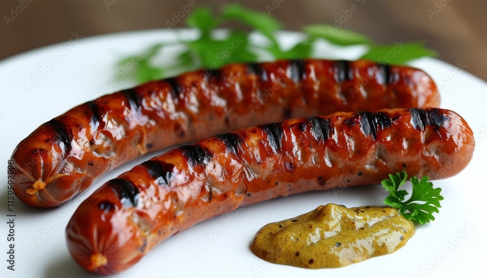 Juicy Grilled Sausages on a Plate with Mustard Sauce and Fresh Green Garnish Juicy Grilled Sausages on a Plate with Mustard Sauce and Fresh Green Garnish