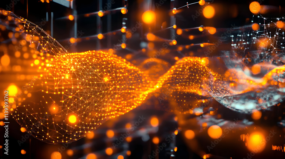 Naklejka premium Smart Network and Connection Concept. Orange, Futuristic Digital Style. 3D Render.