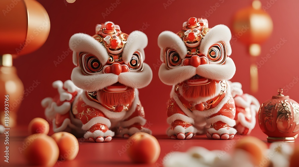 Fototapeta premium Traditional Chinese Lion Dance Figurines on Vibrant Red Background with Decorative Oranges and Lanterns
