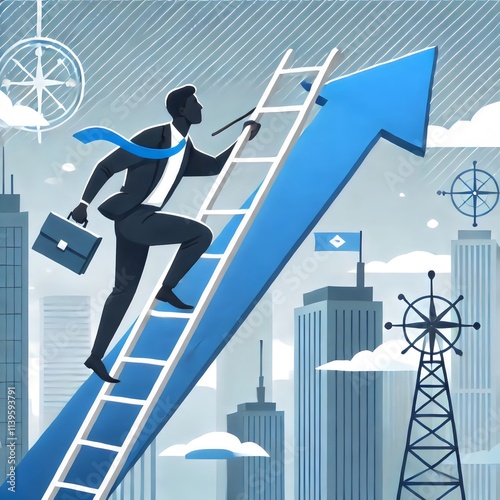 A man with a briefcase on the top of a ladder with a blue arrow pointing to the sky and city in the background.