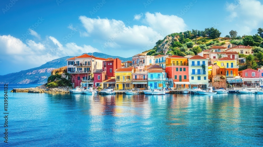 Obraz premium Colorful coastal village with vibrant buildings and boats reflecting in calm waters.