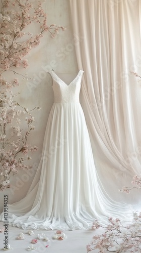 A beautiful wedding dress banner with a simple yet elegant gown featuring a bateau neckline and flowing chiffon fabric, set against a soft, serene backdrop. photo