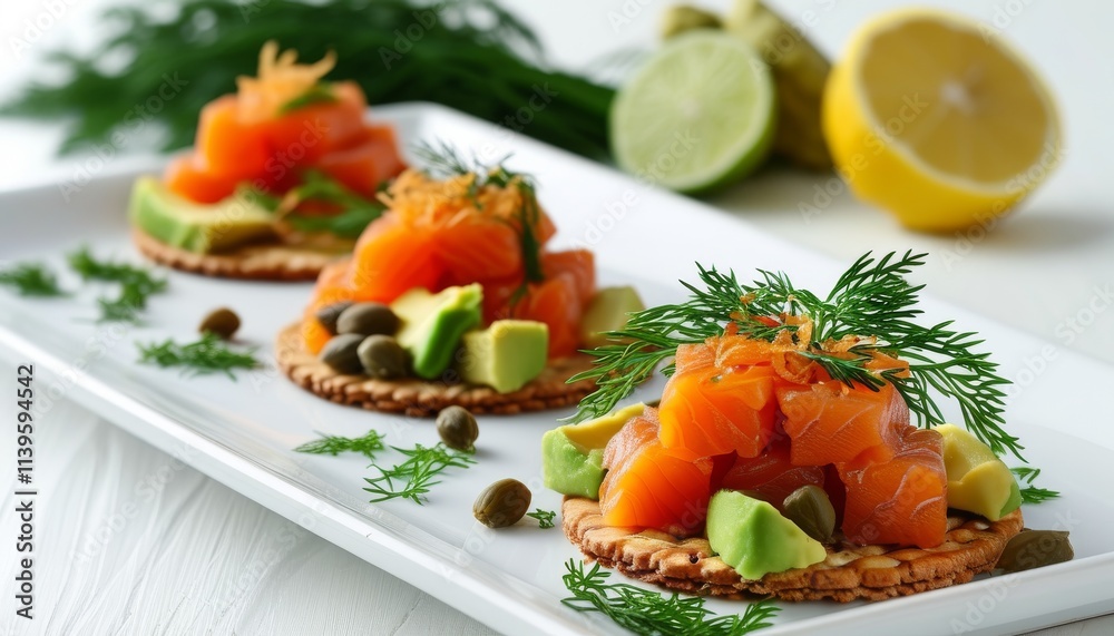 Elegant Salmon Tartare Served on Crisp Crackers with Avocado and Fresh Herbs